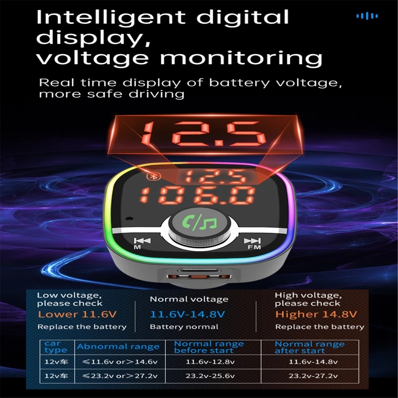 

Bluetooth 5.0 FM Transmitter Car Fast Charger QC3.0 USB-C PD Charger U Disk Music Player Car Mp3 Player Handsfree Dual LCD W91F