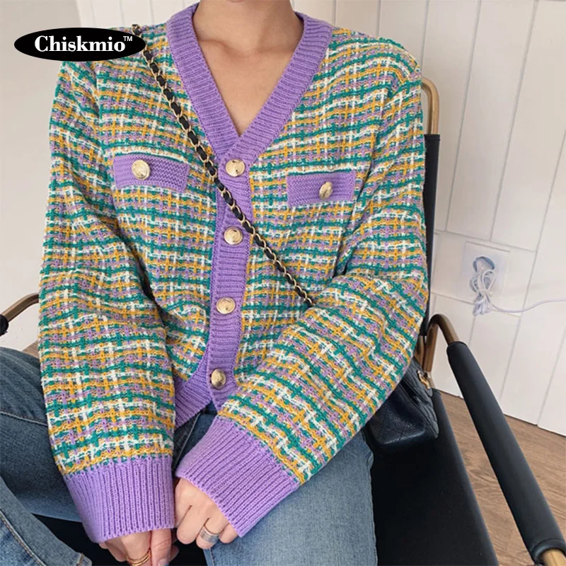 

Sweet Knitted Cardigan Coats Women Sweater Korean Style V-neck Button Single-breasted Cardigans Knitwear Plaid Pattern Sweaters