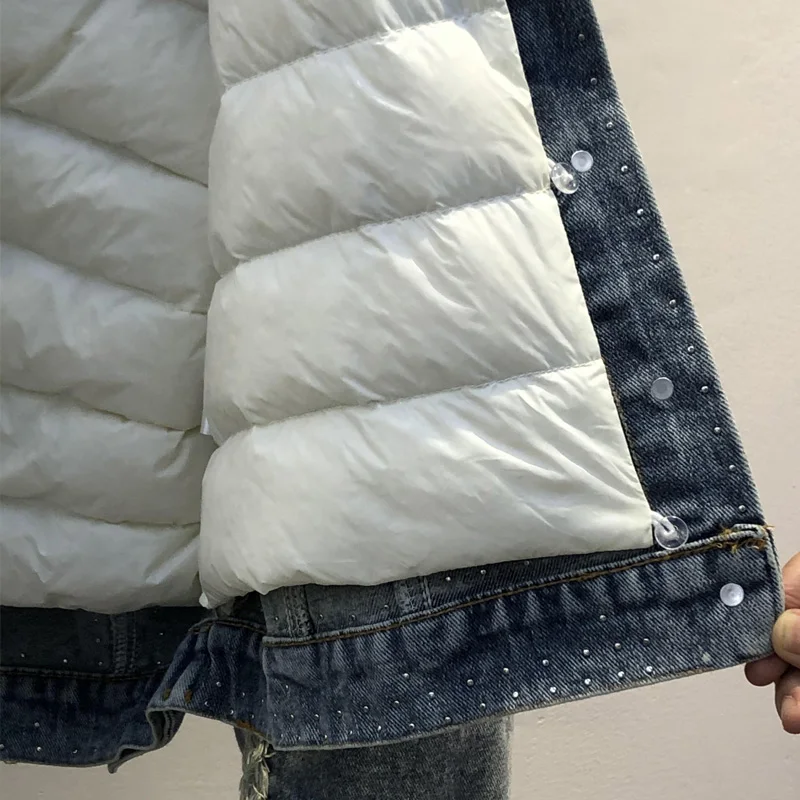 

Down Jacket Women Winter 90% White Duck Down Coat Detachable Feather Liner Natural Fox Fur Collar Female s Rivet Denim Coat