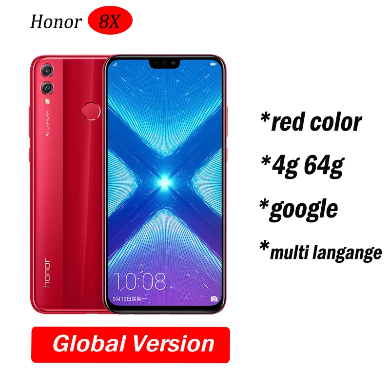Глобальный Встроенная память Huawe Honor 8X6,5 ''полный экран ОТА обновление смартфон не 8x max мобильного телефона Android 8,1 Восьмиядерный отпечаток пальца ID - Цвет: 4g64 red global V