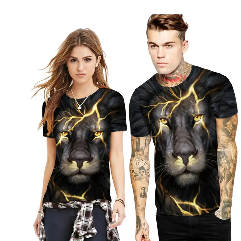 Мужская Женская шикарная 3D Футболка с принтом льва коротким рукавом и круглым