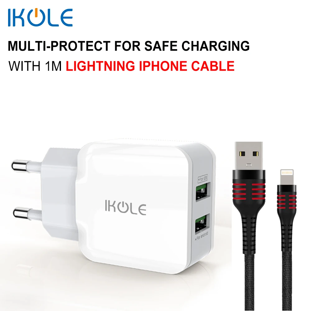 IKOLE Dual USB 2.4A штепсельная вилка ЕС со светодиодной быстрой зарядкой настенное