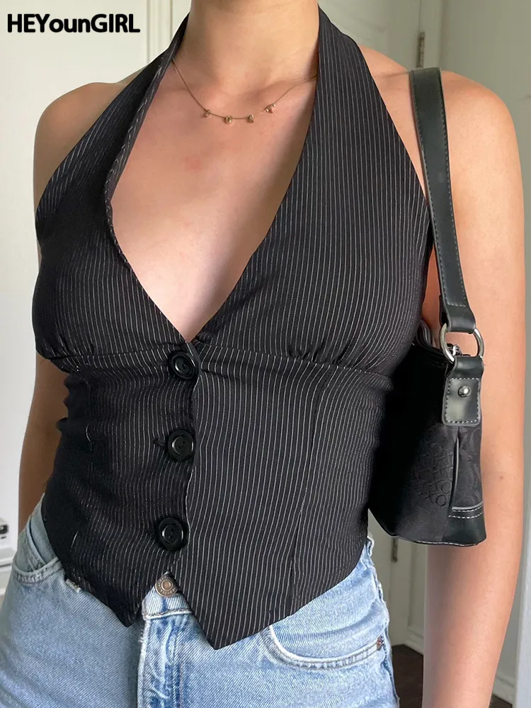 

HEYounGIRL Полосатый V-образный вырез, черный цвет, летняя майка без рукавов на пуговицах, Клубная одежда, винтажный жилет на бретелях