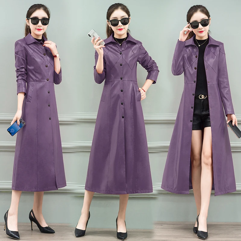 Крутая кожаная длинная куртка для женщин 2020 Новинка весна женский длинный рукав