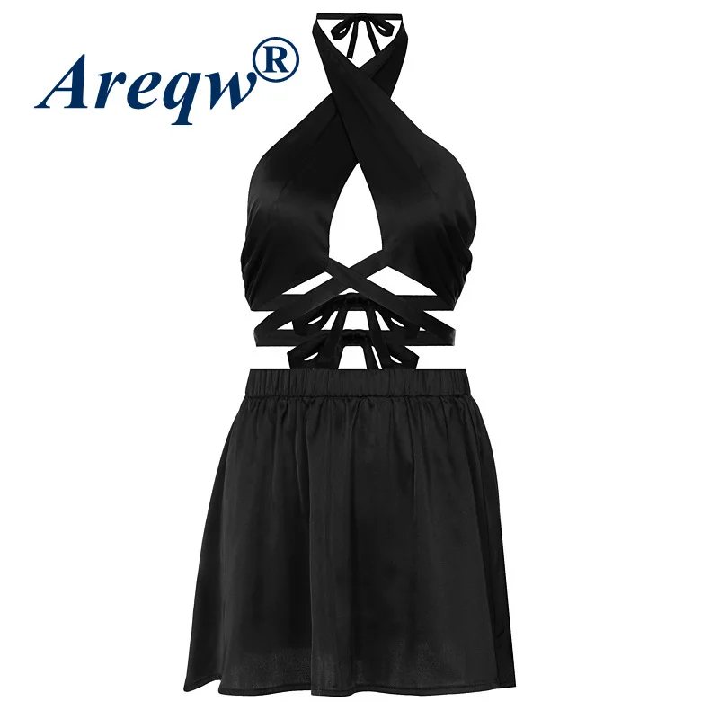 

2021 Summer Women's New Sleeveless Cross Bandage Halter Halter Vest Short Skirt Suit Women