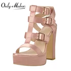 Женские атласные сандалии Onlymaker, Розовые босоножки на платформе с открытым носком и узкими ремешками, свадебная обувь на массивном высоком каблуке, большие размеры, на лето