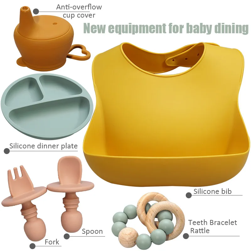 

2021 New Product Baby Tableware Set Kids Feeding Bibs With Bracelet Teething Stick Children Silicone Dinner Plate And Spoon