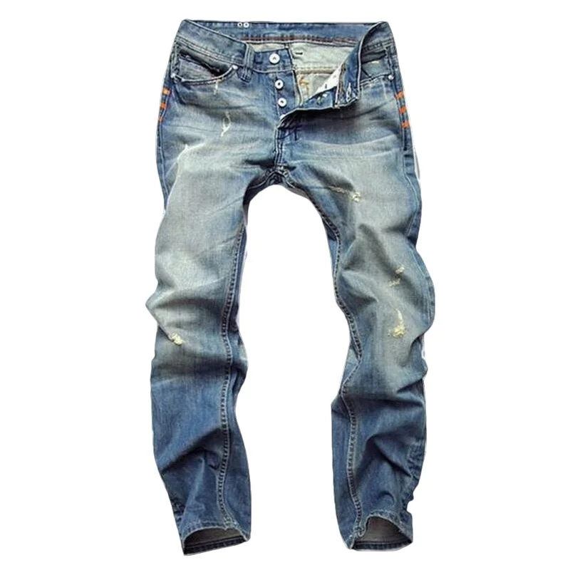 Men's Jeans Stretch Denim Pants Trousers Classic Cowboys Pants Hole Jeans Light Blue Straight Slim Button Men Jeans