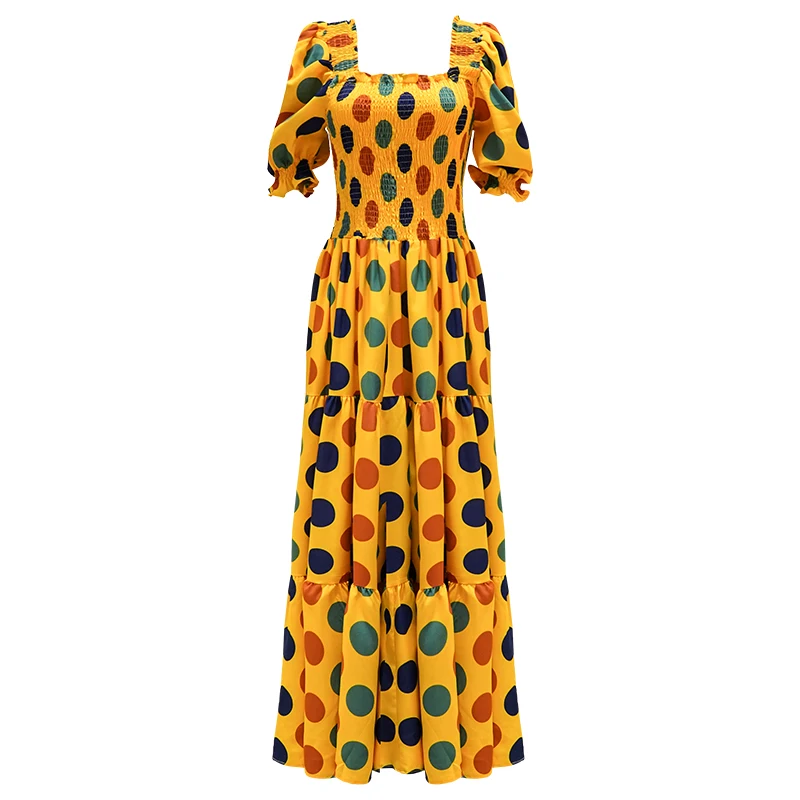 

Female Elegant Color-contrast Polka Dot Puff Sleeves Ankle-length Dress 2021 New Slimming Fashion Square Collar A-line Dress