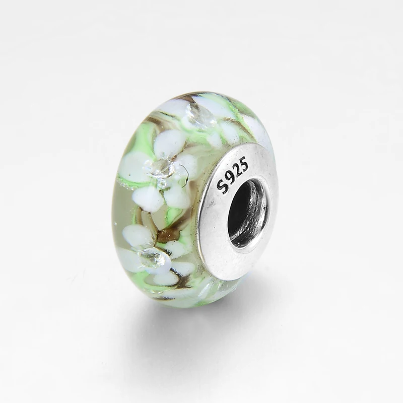 Бусины из серебра 925 пробы с зелеными и белыми цветами | Украшения аксессуары