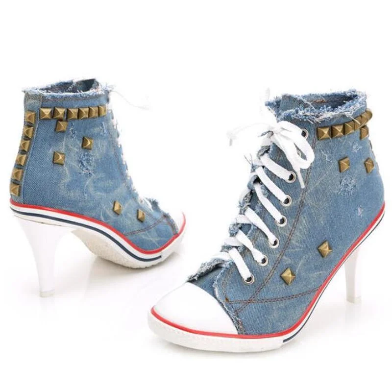 

2020 New Fashion Casual Winter High Heels Lady Boots Women Pointed Toe Rivets Denim Short Boots