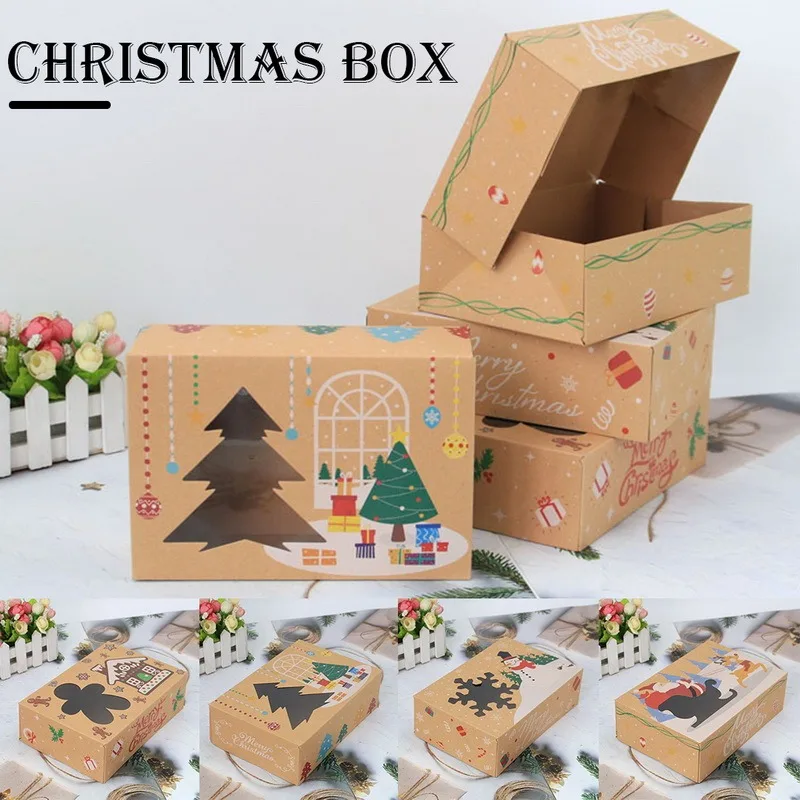 

8pcs Kraft Paper Candy Box Favor Gift Box PVC Clear Window Cookies Treats Boxes Christmas New Year Wedding Party Decoration