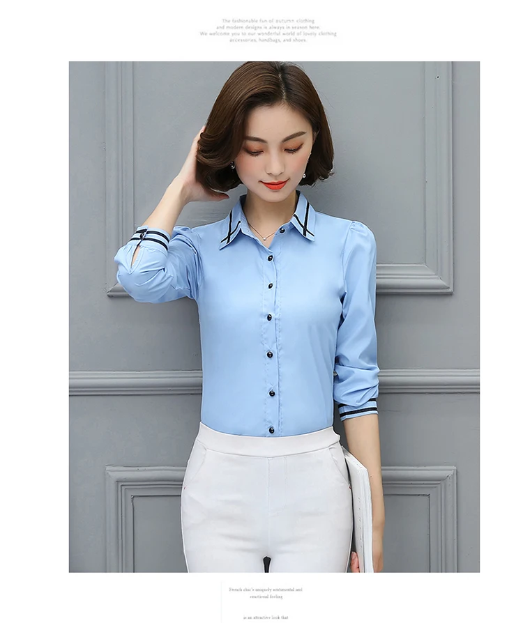 Trabalho Branco Azul Blusa размера плюс с длинным рукавом отложной воротник Camisa Das Senhoras