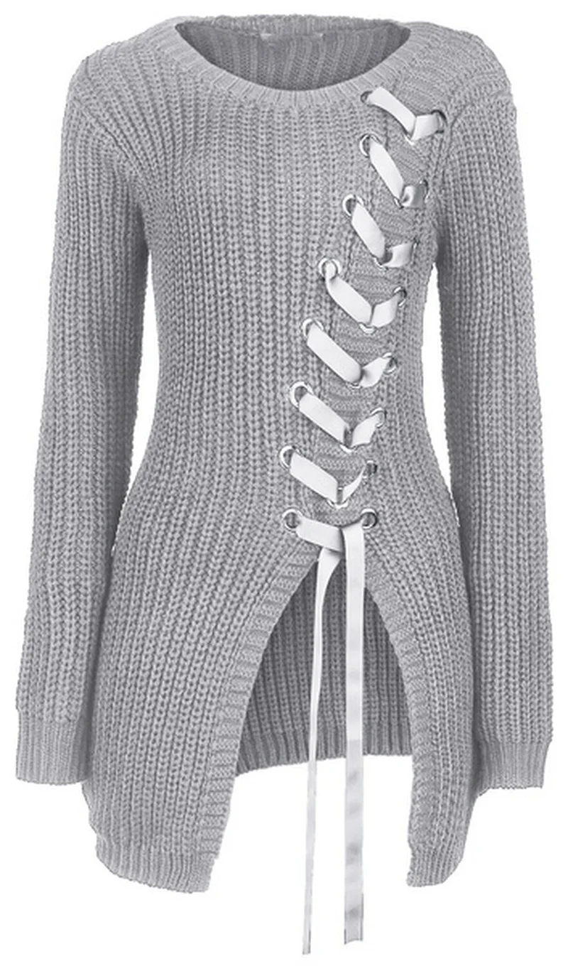 

Женский трикотажный пуловер Sewater, однотонный Повседневный Свободный пуловер с Боковым Разрезом, на завязках, осень