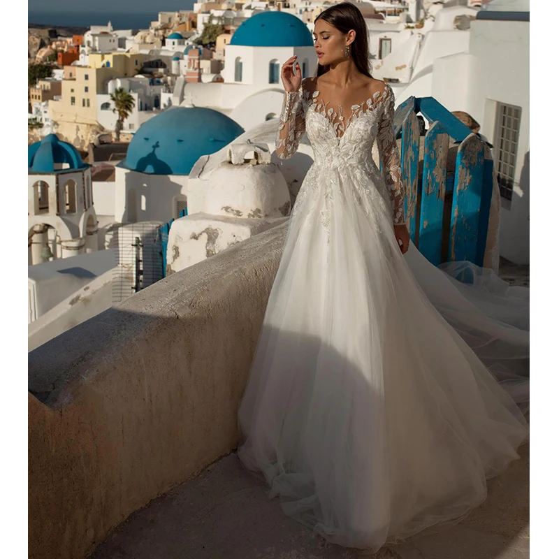 

Lace Appliques Wedding Dress Vintage Beaded Bride Dress Elegant Long Sleeves Wedding Gowns 2021 Vistido De Casamento