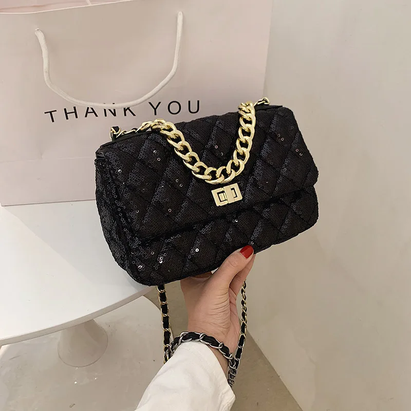 

High Quality Handbags for Women PU Fashion Lingge Chain Shoulder Bag Sequin Texture Messenger Bag 2021 Designer Luxury Bag Sac