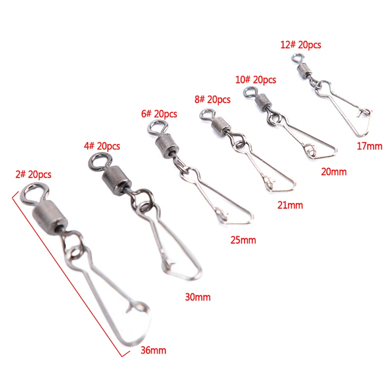 

20PCS 2#/4#/6#/8#/10#/12#/14# Stainless Steel Swivels Fishing Rolling Swivel With Hooked Snap Fish Hook Connector
