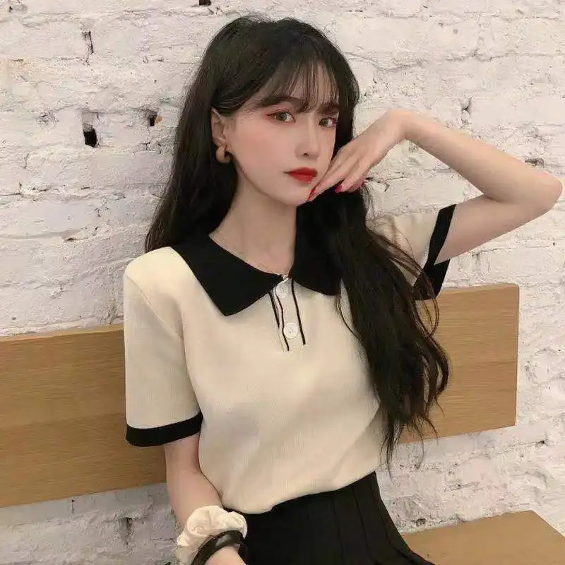 

Harajuku style short sleeve T-shirt women's new summer 2021 cotton polo collar slim short top