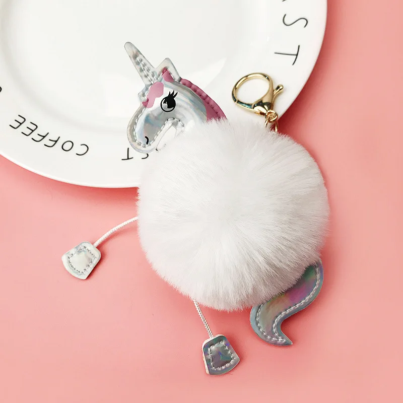 Cute Unicorn pompom Keychain Fluffy Fake Rabbit fur ball Keychains For Women Bag Charm Pendant Fashion Car Keyring Birthday gift | Украшения
