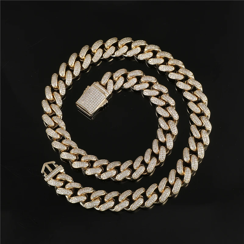 

DRIP ICE 14 MM Cuban Chain Iced Out Cubic Zirconia Brass Spring Clasp Buckle Hip Hop Necklace Men White Gold Plated Jewelry
