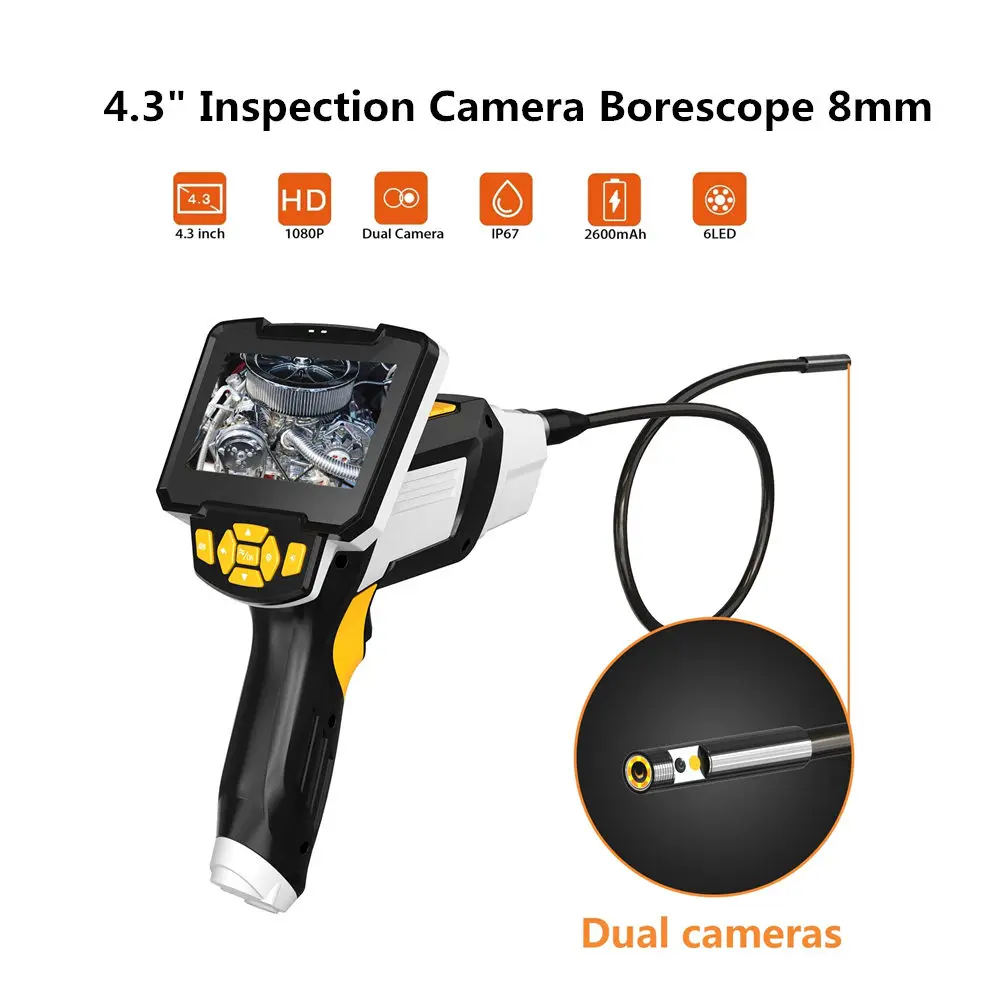 

Portable Dual Lens 8mm Handheld Endoscope 4.3" Screen Inspection Camera Borescope Industrial 5M Pipe Digital Endoscopy