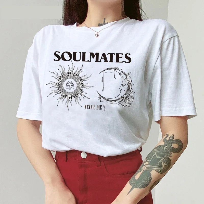 

Fashionshow-JF Sun Moon Soulmate Never Die Summer Korea Harajuku Fun Loose Streetwear Letter Hip-hop Short Sleeves Punk T-shirt