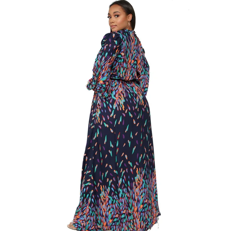 

2021 NEW Fashion Temperament Sexy Plus Size Open Chest Multicolor Print Retro Dress Lantern Sleeve Belted Sexy High Split Dress