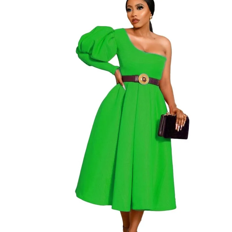 Рождественское женское платье сексуальное на одно плечо с рукавами фонариками