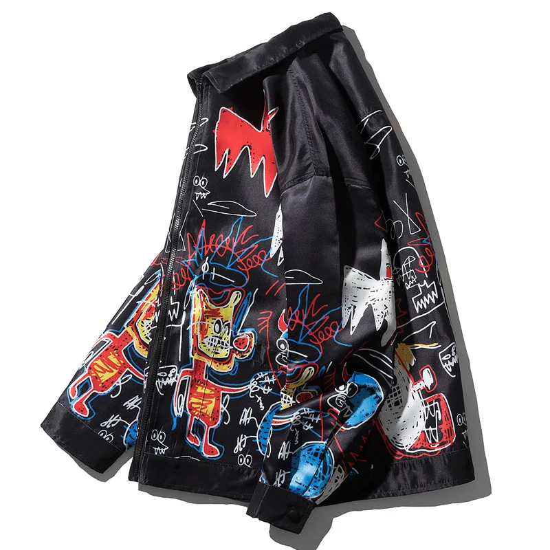 

Street Style Fashion Digital Graffiti Printing Jacket Men Personality Hip-Hop Casual Zipper Loose Autumn New Top Lapel Thin Coat
