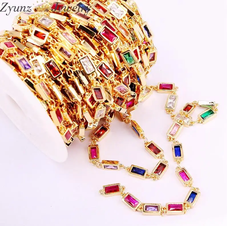 Gold color 3 метра, прямоугольная красочная CZ звено цепи, Радуга кубический циркон граненый шарик с цепочкой, четки стиль цепи - Цвет: Gold color