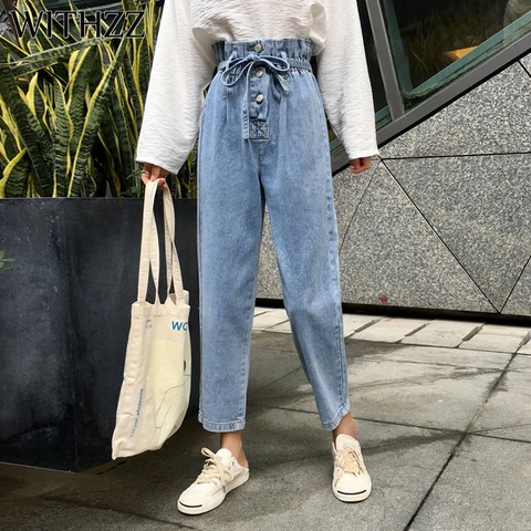 WITHZZ Autumn Women High Waist Fashion Elastic Pants Trousers Lady Multi-button Elastic Waist Female Harem Pants Jeans