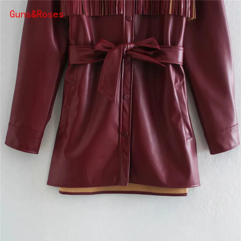 

Women 2021 Fashion With Belt Tassel Faux Leather Loose Jacket Coat Vintage Long Sleeve Pocket Female Outerwear Chic Top