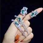 Винтажные роскошные женские серьги-кисточки из серебра 925 пробы, кольцо, Свадебная вечеринка, искусственные зеленые циркониевые ювелирные изделия с кристаллами