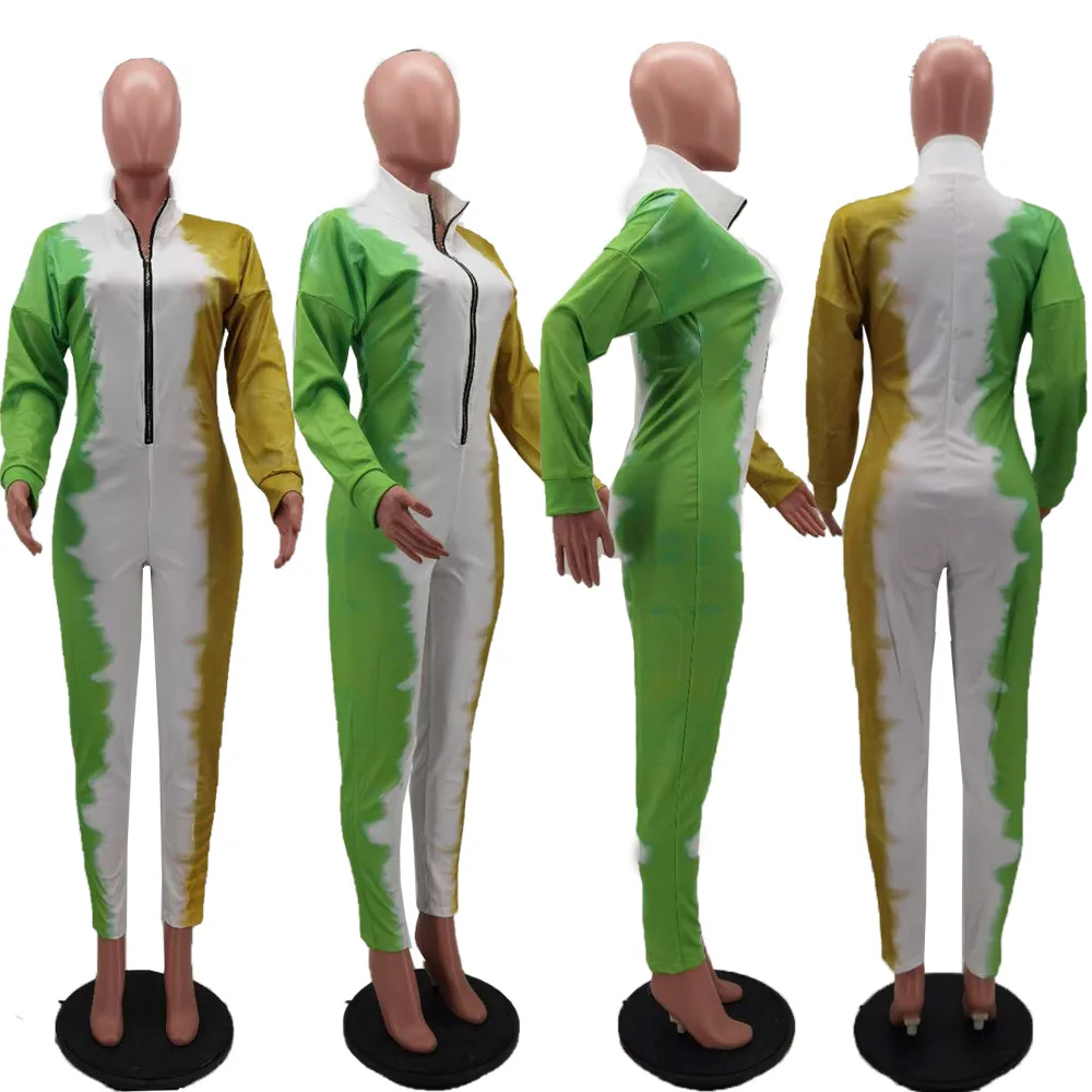 

Fashion Print Color Block Body Jumpsuit Women Sexy Zipper V Neck Long Sleeve Pants Bodycon Club Party Rompers Womens Jumpsuit