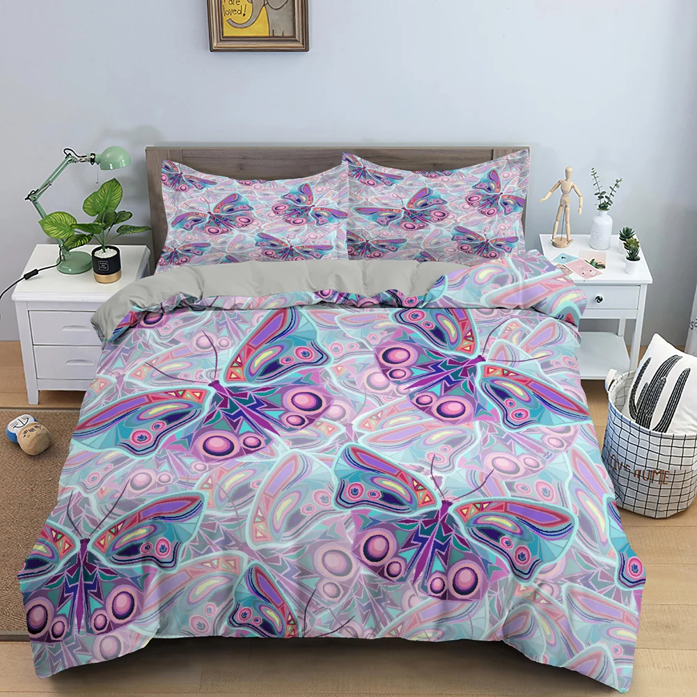 

Комплект постельного белья с пурпурной бабочкой, пододеяльник с 1/2 подушками, чехол с 3D принтом, одеяло, односпальный, двуспальный, Королевс...