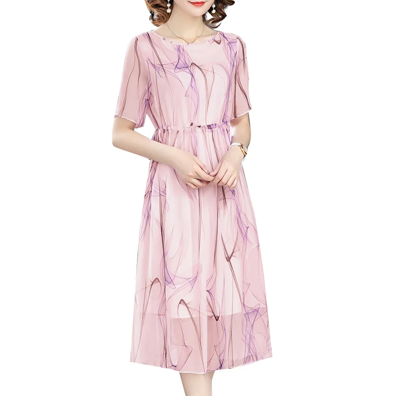 

2021 Vintage Mulberry Silk Beach Dress Summer Casual Pink Print Plus Size Chiffon Midi Slim Dress Elegant Women Party Vestidos