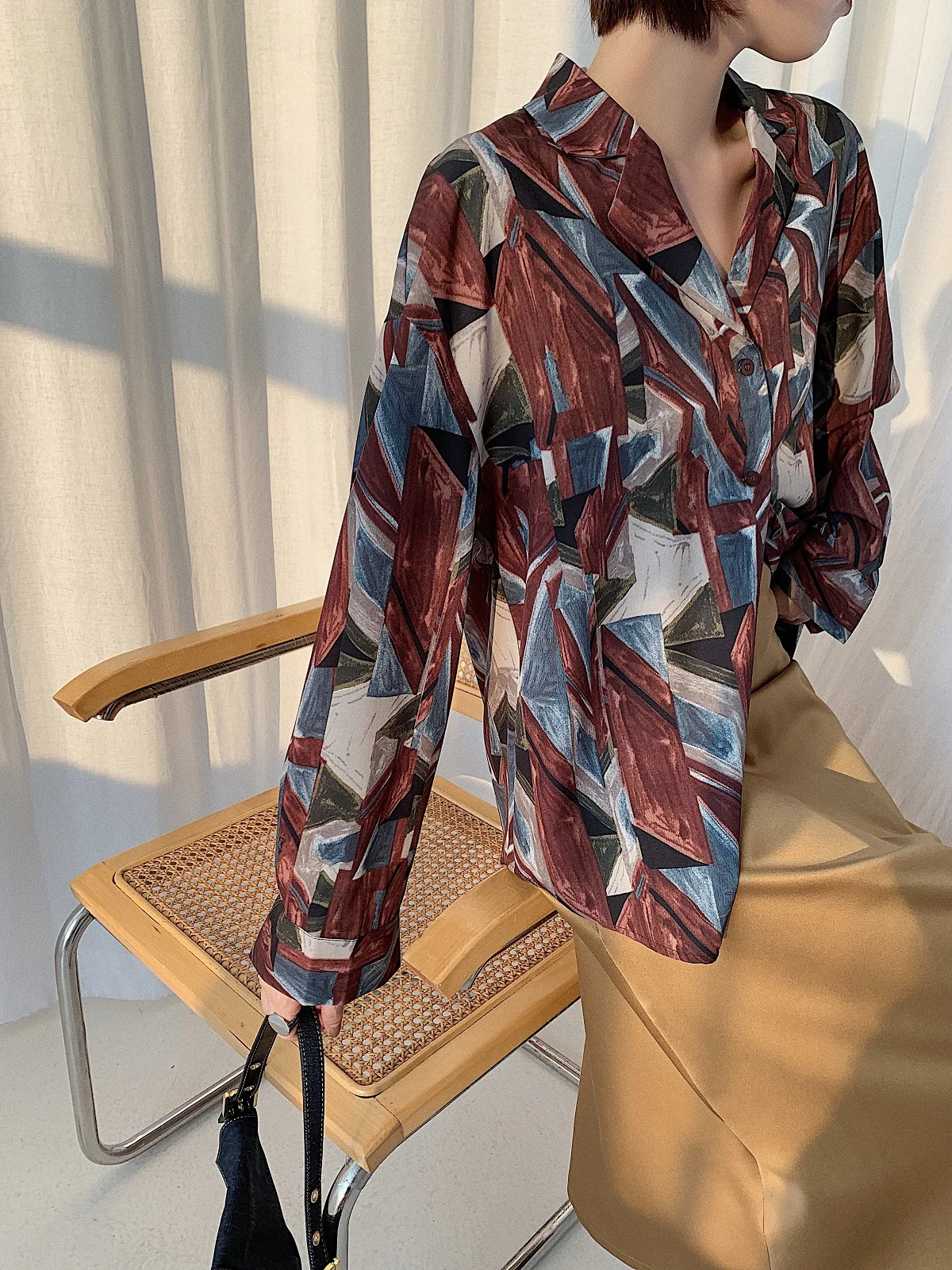 CHEERART Fall 2019 Vintage Long Sleeve Blouse Womens Tops And Blouses Color Block Lapel Ladies Korean Fashion | Женская одежда