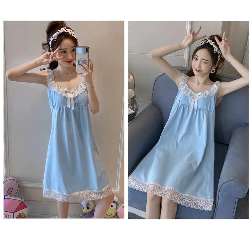 

2021 Summer Cotton Pajama Sets Women Loose Casual Solid Color Sling Nightdress Cute Lace Up Comfortable Sleepwear Female New