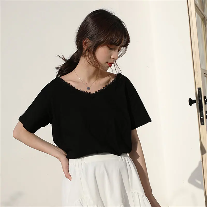 Женская свободная футболка Alien Kitty летняя однотонная шикарная с v образным