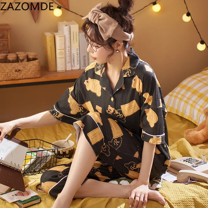 

NIGHTWA Summer Cotton Home Wear Lapel Collar Short Sleeve Shirts Women Pajamas Set Cute Cartoon Little Bears Print Sleepwear