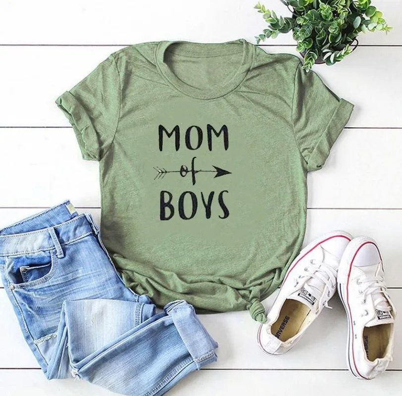 MOM OF BOYS с буквенным принтом Футболка для женщин коротким рукавом О образным