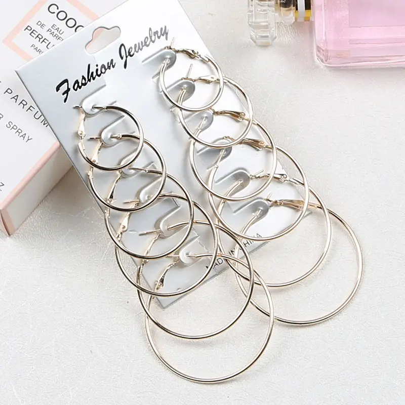 Rock And Roll Exaggeration Circular Ring Ear Circle 6 Pieces Earrings Set trendy earrings best selling | Украшения и аксессуары