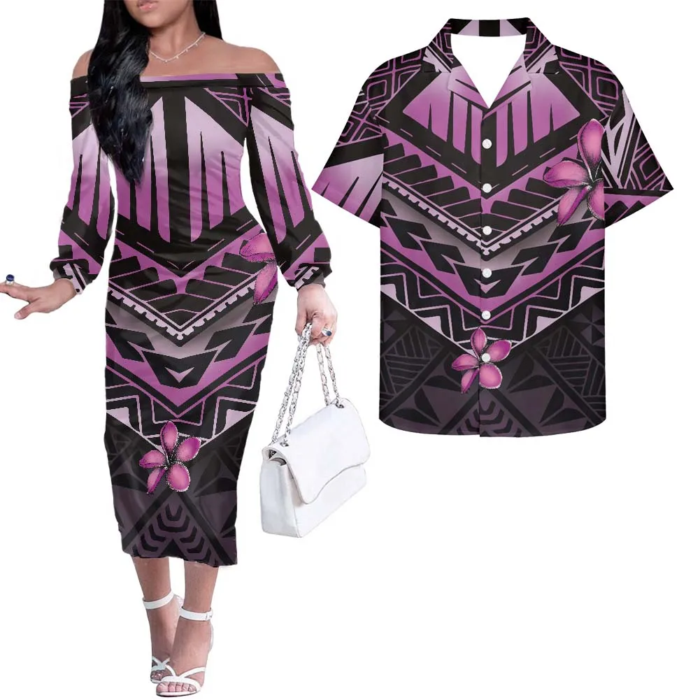 

HYCOOL платья с открытыми плечами, подходящая одежда для пар, самоанские этнические Гавайские платья-рубашки с цветочным принтом для влюбленн...