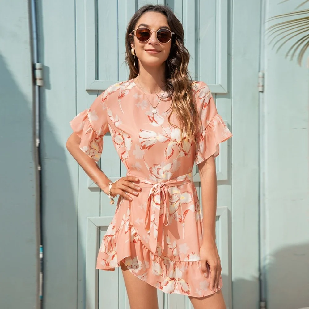 

Женское пляжное платье в стиле бохо, розовое сексуальное платье с круглым вырезом и коротким рукавом, повседневное мини-платье с цветочным ...