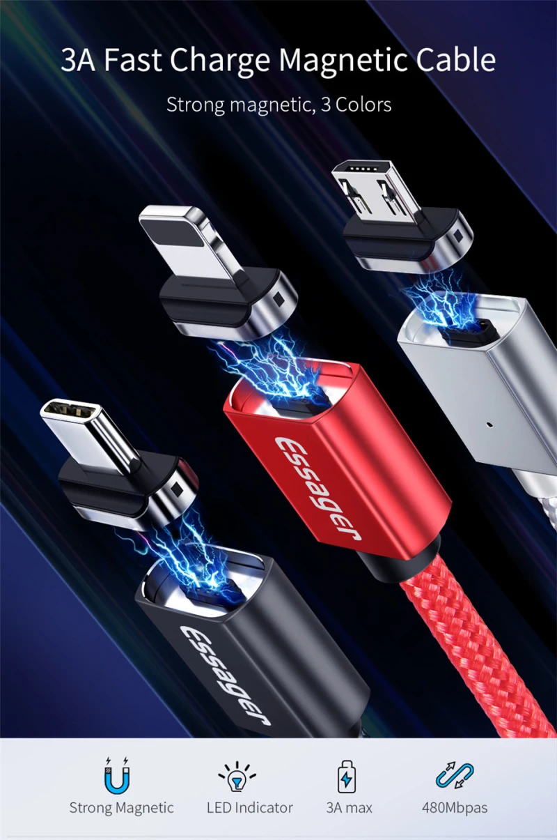 Магнитный кабель Micro USB Essager для IPhone samsung, кабель для быстрой зарядки и передачи данных, магнитный шнур, зарядное устройство, usb type C, 3 м, кабель для мобильного телефона