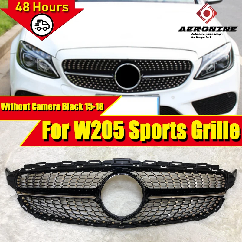 Для MercedesMB C205 W205 решетка черный блеск ABS серебро C Класс W205 бриллианты передняя решетка без камеры и без знака