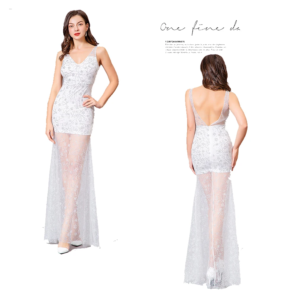 

Women's Summer Veil Tank Dress Sexy Deep V-Neck Backless White Color Tight Dresses for Ladies Club Party Wear Clothes