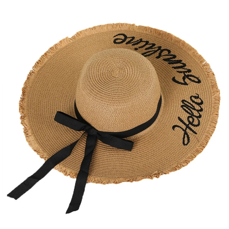 

Women Fashion Beach Sun Protection Straw Hats Ladies Letters Bowties Big Brim Hat Dome Sunscreen Big Eaves Seaside Sun Hat