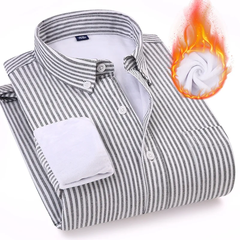 

Striped Shirts Mens Business Casual Long Sleeve Men Shirt Oversize Camisas Plus Velvet Chemise Homme Button-Down Thick Warm