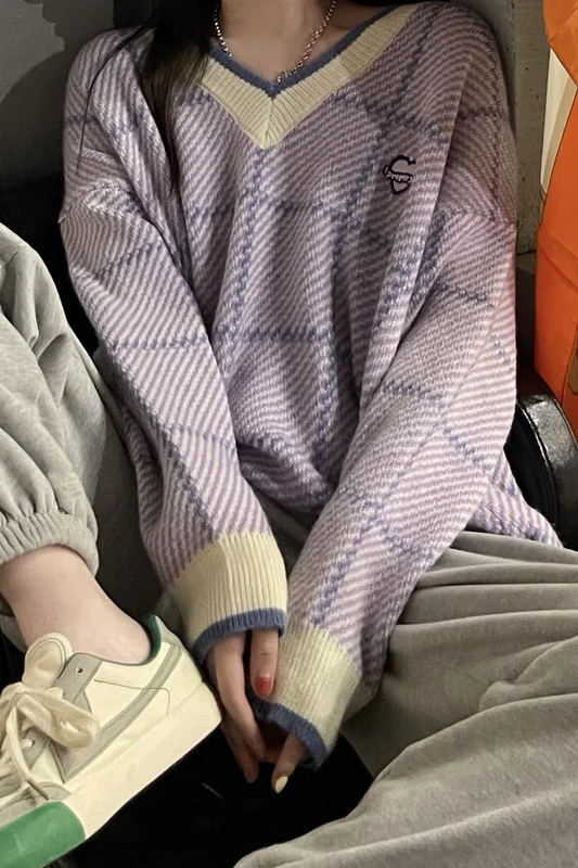 

Осенне-зимняя Новинка в клетку с V-образным вырезом и длинным рукавом